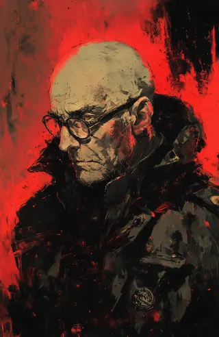 Portrait of an old rugged bald male spirit wearing glasses and a military coat with a hood, set against a vivid red and black chaotic brush stroke background.