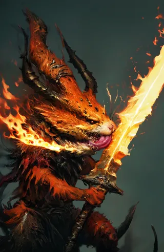 A fierce bloodhamster creature of Khorne licking the edge of a flaming sword, surrounded by dark fantasy flames and demonic armor.