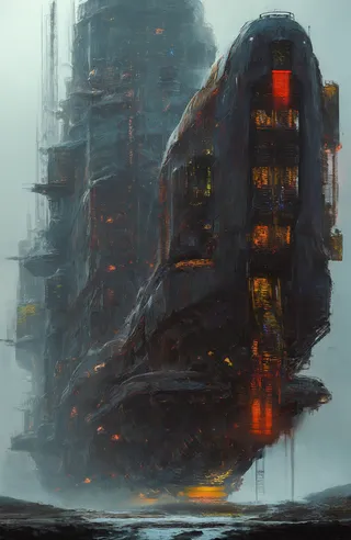 A detailed digital painting of a large futuristic industrial spaceship with a metallic, rusted exterior, illuminated by colorful glowing lights, docked in a foggy alien environment, viewed from a low angle.