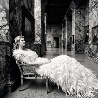Black-toned photo of a futuristic girl reclining on an ornate chair in an apocalyptic museum hallway, wearing a white feathered dress and floral headpiece.