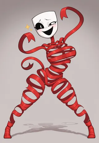 Stylized character Manager Gangle from The Amazing Digital Circus wrapped in red ribbons, striking a bizarre flying pose with a winking, smiling face.