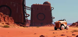 Digital artwork showing a reddish-orange barren desert with a sleek white and orange futuristic vehicle in the foreground and rusted industrial structures in the background under a gradient sky.