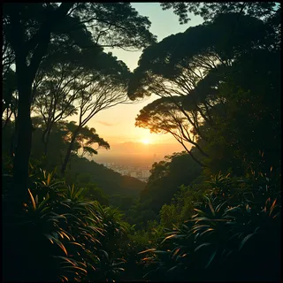 Sunset over a city visible through dense forest trees with lush green foliage in the foreground