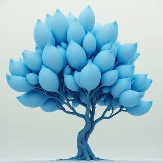 A sculptural organic tree with detailed, textured branches and large, blue cup-shaped leaves clustered densely on top.