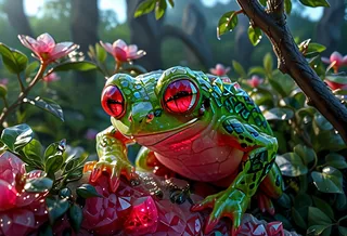A crystalized red-eyed tree frog with geometric patterns and sharp edges perched on a gem-like branch surrounded by lush green leaves and pink flowers