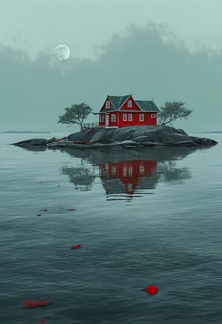 A red house situated on a rocky island surrounded by calm water reflecting the house and nearby trees under a grey sky with the moon visible, in a soft minimalistic digital painting style.