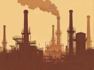 Close-up view of a futuristic chemical refinery with multiple tall industrial chimneys emitting thick smoke into a hazy, toxic wasteland sky.