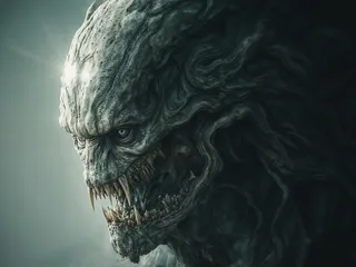 Close-up of a terrifying, highly detailed monstrous creature with sharp jagged teeth and glowing blue eyes in dark atmospheric lighting.