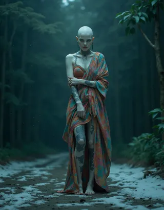 A bald woman with pale skin and gothic tattoos wearing a colorful kimono dress, barefoot, standing in a snowy forest path surrounded by tall evergreen trees.
