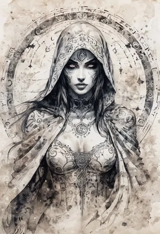 Ink illustration on parchment of a ghostly female prophet of chaos gods wearing barbarian armor and a hood, with glowing eyes and surrounded by a runic circle.