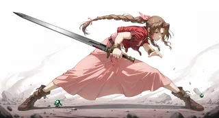 Aerith Gainsborough in a fighting stance holding a huge sword, wearing a pink dress and red cropped jacket, with braided brown hair tied with ribbons.