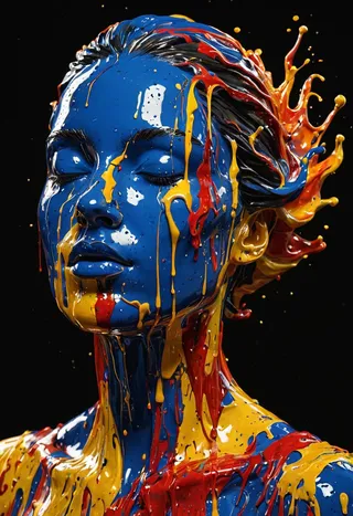 A hyper-realistic 3D sculpture of a female head and shoulders covered in vivid oil paint drips of blue, red, and yellow against a black background.