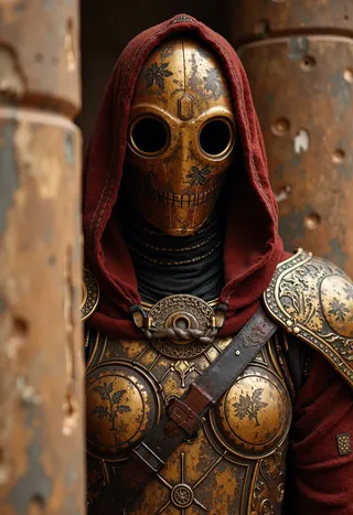 Hooded ancient robot warrior in golden ornate armor, partially hidden behind a weathered pillar in an ancient city setting.