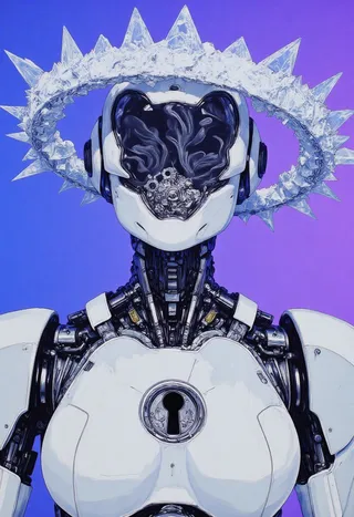 Polished white metallic robotic figure with a fragmented crystalline halo, swirling black smoke in eye cavities, and a circular keyhole revealing gears in the center of its face, set against an indigo to ultraviolet gradient background.