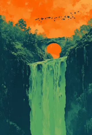 A collapsed stone bridge arches over a deep chasm with a glowing green waterfall, twisted pine trees on cliff edges, and two-headed birds flying in a blood-orange sky.