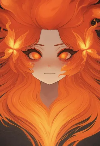 Portrait of a girl with fiery orange hair, glowing ember eyes, and red eyelashes, adorned with fiery butterflies and flowers in her hair.
