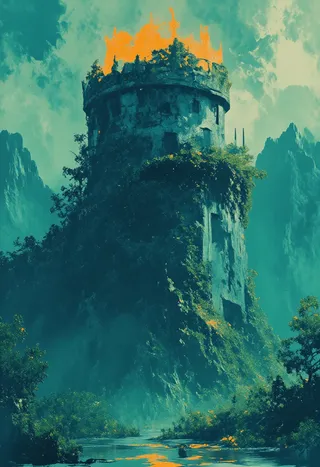 A moss-covered watchtower stands half submerged in a swamp filled with glowing cyan mist and surrounded by twisted trees, with skeletal mountains on the horizon under a stormy sky and faint orange light glowing from the cracked earth.