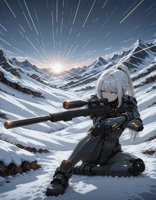 A futuristic sniper with white hair and blue eyes wearing a black armored suit with neon accents sits cross-legged on snow-covered mountains at sunrise, aiming a black suppressed sniper rifle.