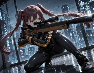 Sniper girl with long twin tails aiming a sniper rifle on a rainy cyberpunk rooftop, wearing black pants and jacket, kneeling in a dynamic pose.