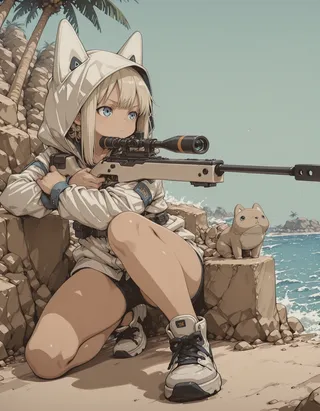 Anime-style young girl with blue eyes and a hooded jacket with cat ears aiming a sniper rifle while crouching on rocky terrain near ocean water, with a small cat plushie beside her.