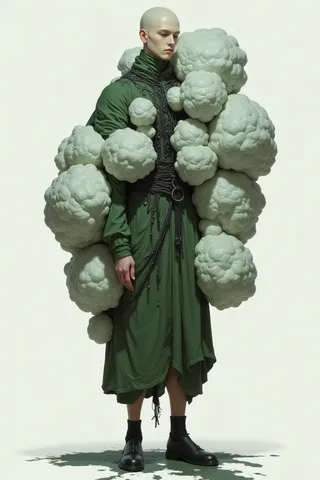 A person wearing a green avant garde dress enveloped with large soft, bulbous organic shapes, black filaments lashing the garment, standing with pale skin and black shoes on a surface showing a spreading dark bloom.