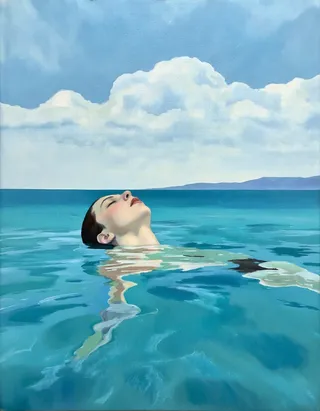 A realistic painting of a pale-skinned person peacefully floating in a calm turquoise ocean under a blue sky with fluffy clouds and distant mountains.