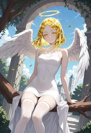 An angel with yellow crystal-like hair seated on a tree branch under an arch, wearing a white dress and thigh-high stockings, with glowing halo and white wings against a blue sky.