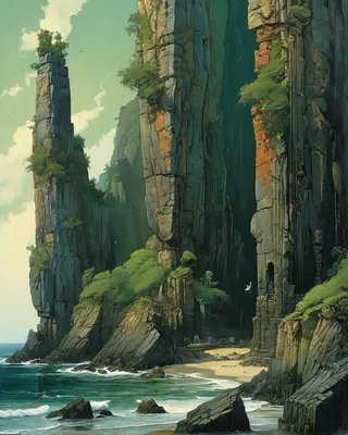 Detailed oil painting of towering basalt columns by the sea with a worn roman road, pilgrims near the cliffs, lush greenery, and a green woodpecker on rotten wood.