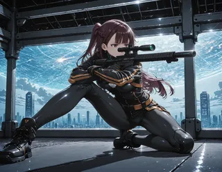 A female sniper in a dynamic crouching pose holding an assault rifle inside a futuristic space station with a large curved window showing a sci-fi city skyline and space station above clouds.