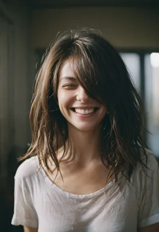 Closeup portrait of a smiling woman with hair covering her eyes, bathed in soft cinematic lighting and shallow depth of field, with a natural, vintage 2000s photographic style.