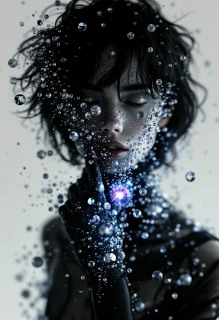 Surreal hyper-realistic portrait of a person surrounded by floating crystal-like spheres on a soft gradient background with chiaroscuro lighting effects