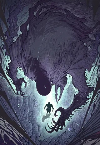 Close-up overhead view of a giant faceless eldritch abomination looming over a small human figure, set against a detailed abstract background with void and shadow elements.