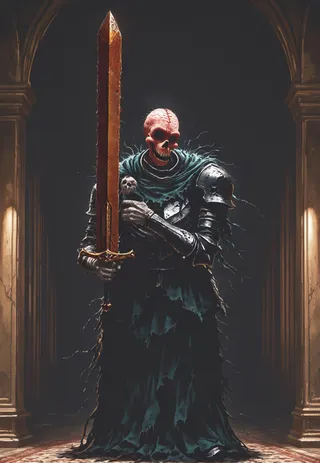 A spooky undead knight wielding a rusted greatsword, clad in tattered armor with volumetric lighting inside an ancient stone archway.