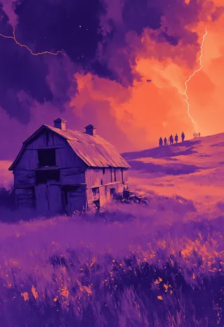 A crooked wooden barn at the edge of a violet wheat field under rust-colored storm clouds, lightning striking as giant silhouettes stand on the distant hills.