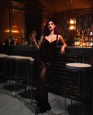 Young woman with purple hair and dark lipstick wearing an elegant velvet dark green dress with slit, holding a wine glass while leaning against a bar counter in a dimly lit bar with neon lighting.