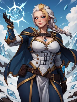 Artwork of Jaina Proudmoore casting an ice magic spell, wearing a blue and gold detailed outfit with white braided hair and a confident smile, set against an icy fantasy landscape.