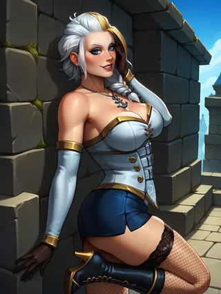 A curvy fantasy female character with white and blonde hair in a corset and fishnet stockings leans against a stone castle wall under bright sky.