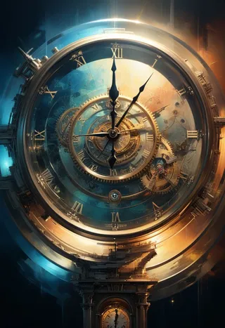 Intricately detailed clock with interlocking gears, Roman numerals, and warm and cool dramatic lighting in a clockpunk style.