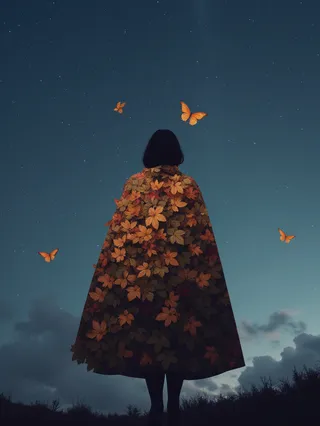Silhouette of a figure wearing a cloak made of autumn leaves that transform into butterflies, set against a dusky blue starlit evening sky.