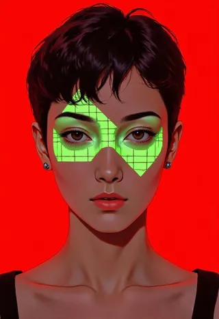 Portrait of a pale-skinned woman with short hair and neutral expression, featuring a glowing green triangle grid projected on her face, set against a crimson background.