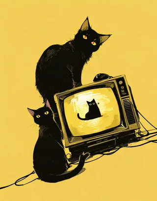 Two black cats with striking yellow eyes sitting near a retro television with a yellow screen displaying a silhouette of a cat, all against a solid yellow background