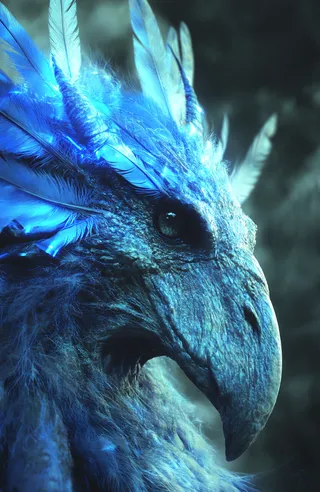 Close-up digital painting of a fantastical bird-like creature with glowing blue feathers and intricate textures against a dark moody background