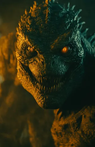 Close-up of a dark green reptilian monster with sharp teeth, glowing orange eyes, and rugged scales illuminated by warm dim lighting.