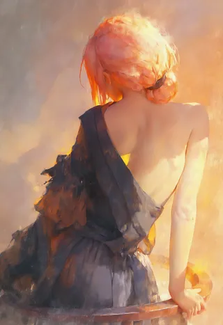 Digital oil painting of a woman with ginger hair tied in a low bun wearing a black satin robe, seen from the back with dramatic warm lighting.
