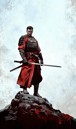 A digital illustration of a samurai warrior standing confidently atop a rocky hill, dressed in a red robe and black armor, holding a katana sword.