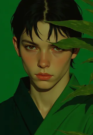Ritratto di un ragazzo dalla pelle chiara con capelli neri, che indossa una veste verde, parzialmente nascosto da foglie verdi, leggermente illuminato contro uno sfondo verde.
