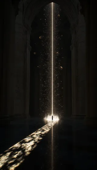 A dark interior of the Sagrada Familia cathedral illuminated by a bright vertical beam of light surrounded by sparkling particles, with a solitary silhouette walking toward it and the floor reflecting the light.