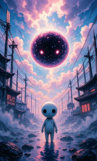 Una piccola figura di Kodama in piedi in un ruscello roccioso e nebbioso tra edifici tradizionali del periodo Meiji sotto un cielo vibrante con una sfera scura luminosa con occhi fluttuanti sopra, che mostra surrealismo cinematografico con illuminazione atmosferica.