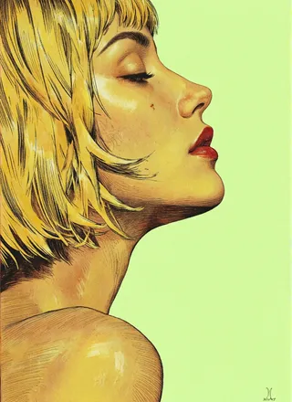 Digital illustration of a woman in profile against a lime green background, with short messy blonde bob hair, closed eyes, red lipstick, and serene expression.