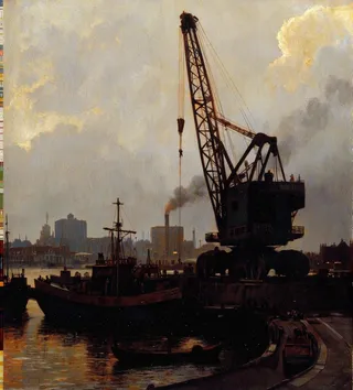 A moody harbor scene at dusk showing silhouettes of ships docked and a large crane with a smokestack in the foggy industrial background under a cloudy sky.
